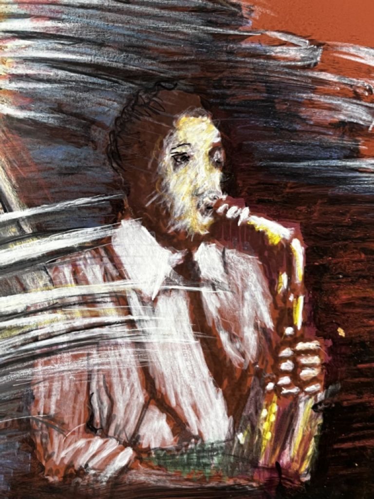 Abstract ART Saxophon original signiert Simon Presley ca. 70 x 52 cm gerahmt