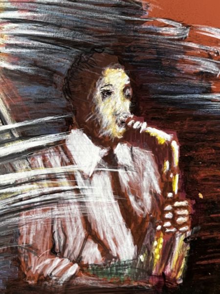 Abstract ART Saxophon original signiert Simon Presley ca. 70 x 52 cm gerahmt