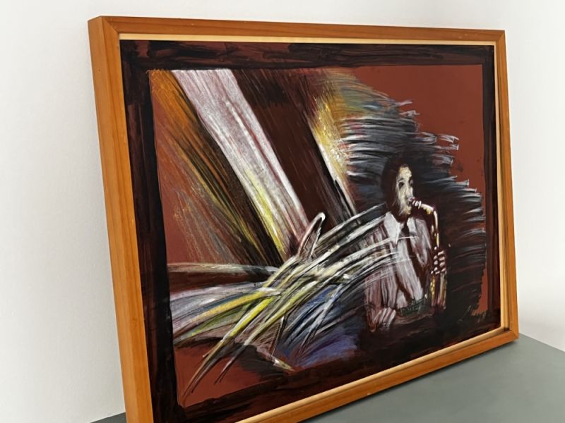 Abstract ART Saxophon original signiert Simon Presley ca. 70 x 52 cm gerahmt