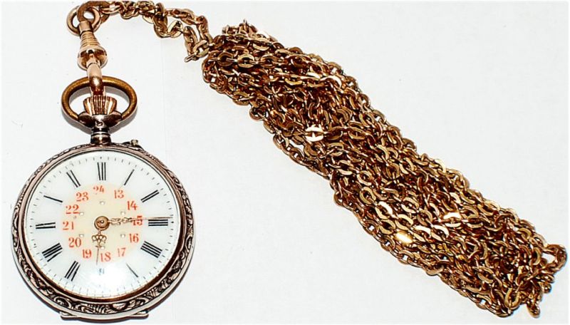 Reloj de bolsillo para mujer Old Remontoir, Suiza, Cuerda manual, 8 rubíes, plata 800