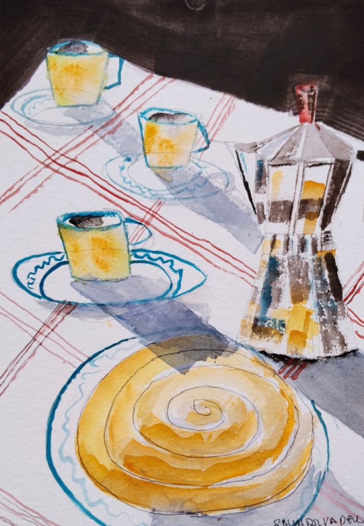 Aquarell Café und Ensaimada