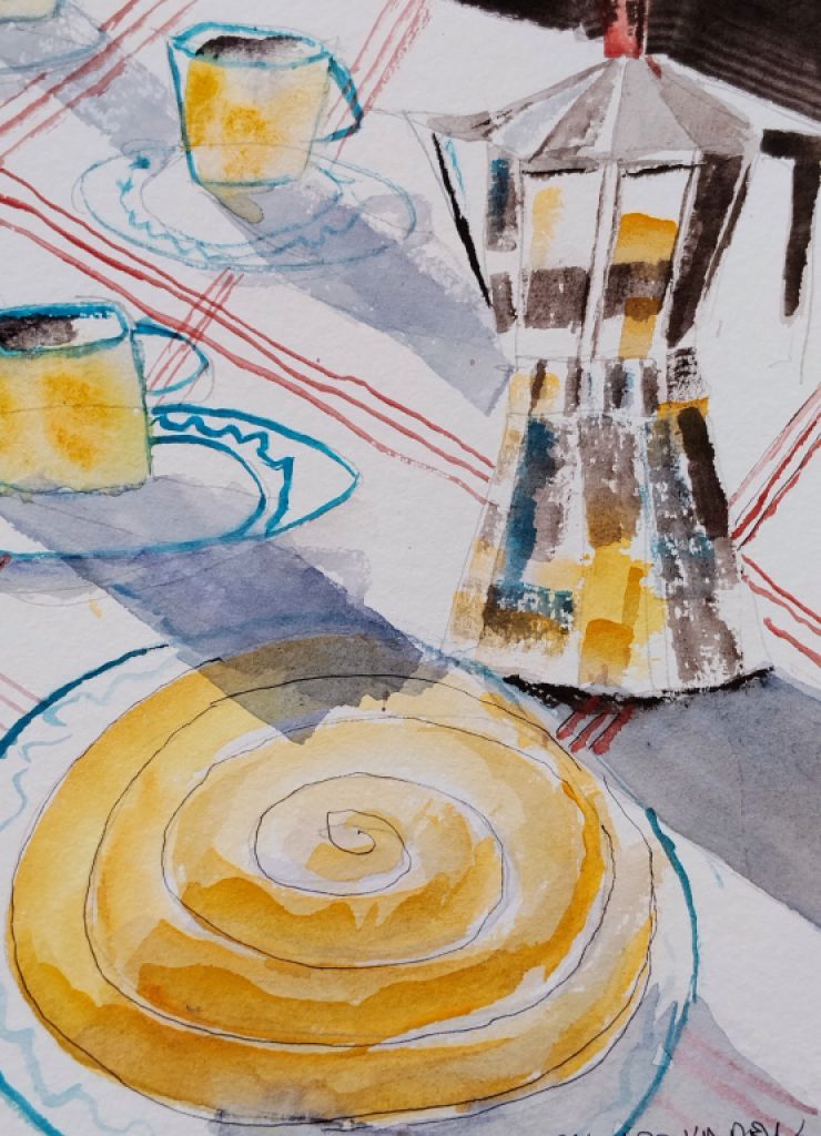 Aquarell Café und Ensaimada