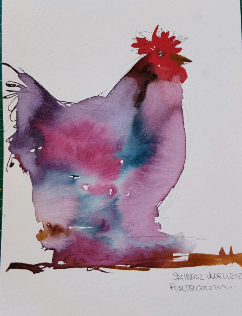 Watercolor of blue-purple hen