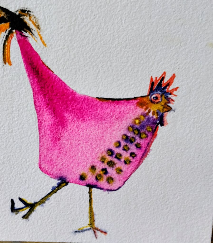Watercolor of a pink and golden hen