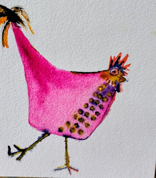 Watercolor of a pink and golden hen