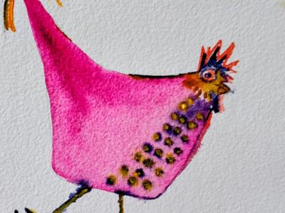 Aquarell einer rosa und goldenen Henne