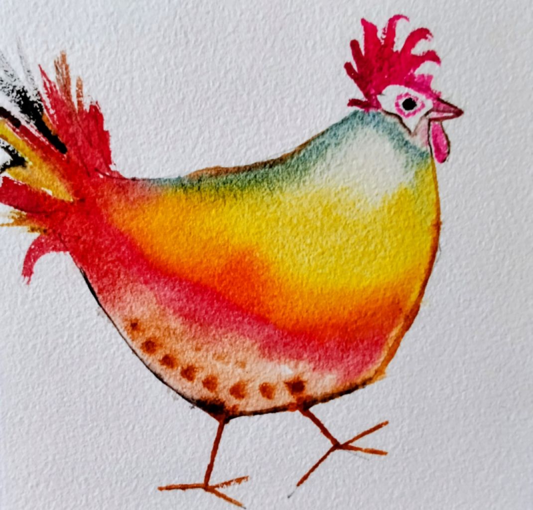 Rooster watercolor in orange and red