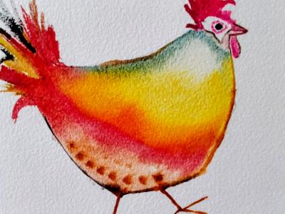 Aquarell eines Hahns in Orange und Rot