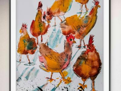 Aquarell von freilaufenden Hühnern