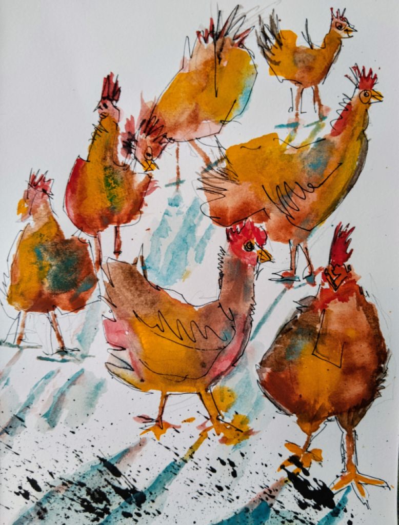 Watercolor of free-range hens