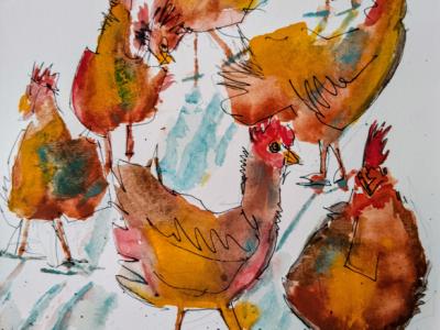 Watercolor of free-range hens