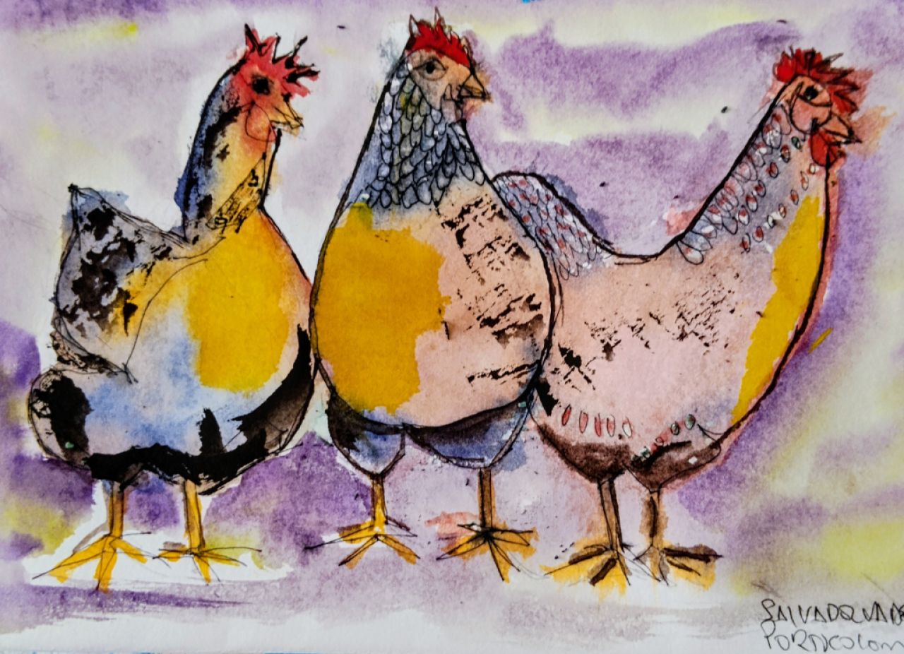 Watercolor of hens on paper