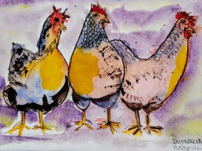 Watercolor of hens on paper