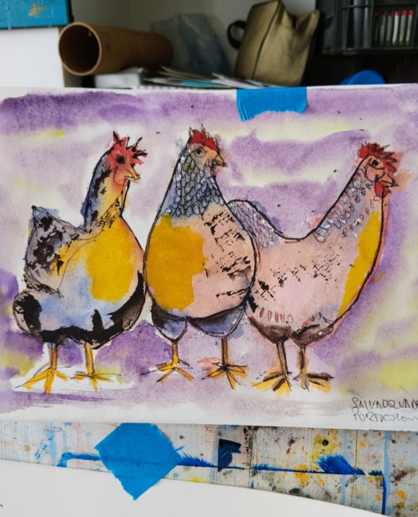 Watercolor of hens on paper