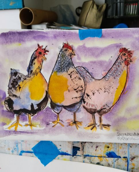 Watercolor of hens on paper
