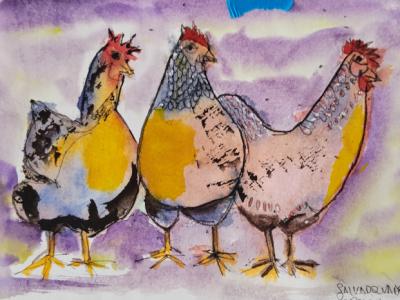 Watercolor of hens on paper