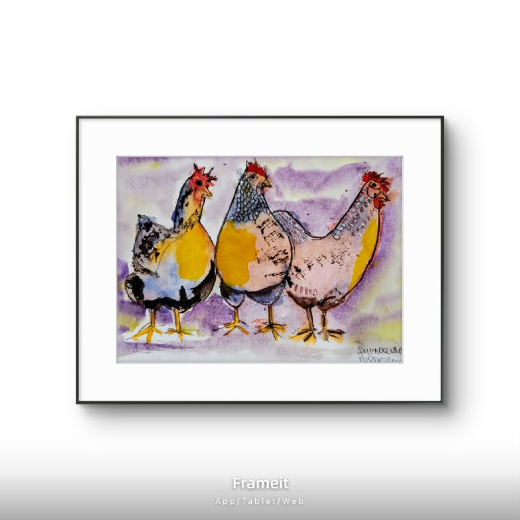Watercolor of hens on paper