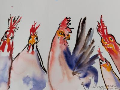 Watercolor of chickens on paper