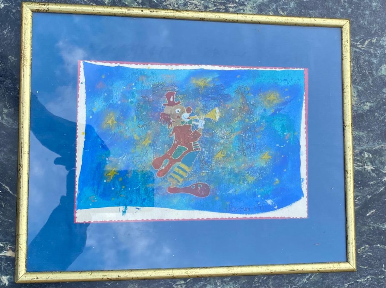 Bild klein Motiv Clown mit Trompete goldener Rahmen