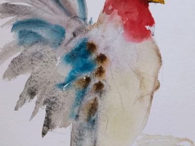 Blauer und roter Hahn