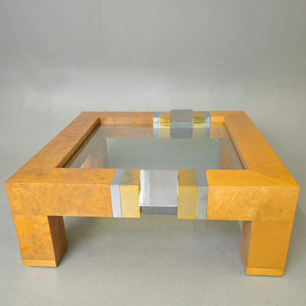 Couchtisch im Stil von Milo Baughman, Ulmenholz / Metall / Glasplatte