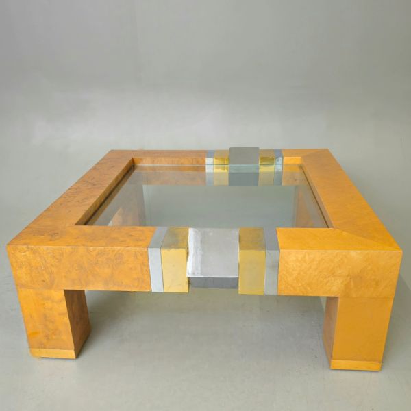 Couchtisch im Stil von Milo Baughman, Ulmenholz / Metall / Glasplatte