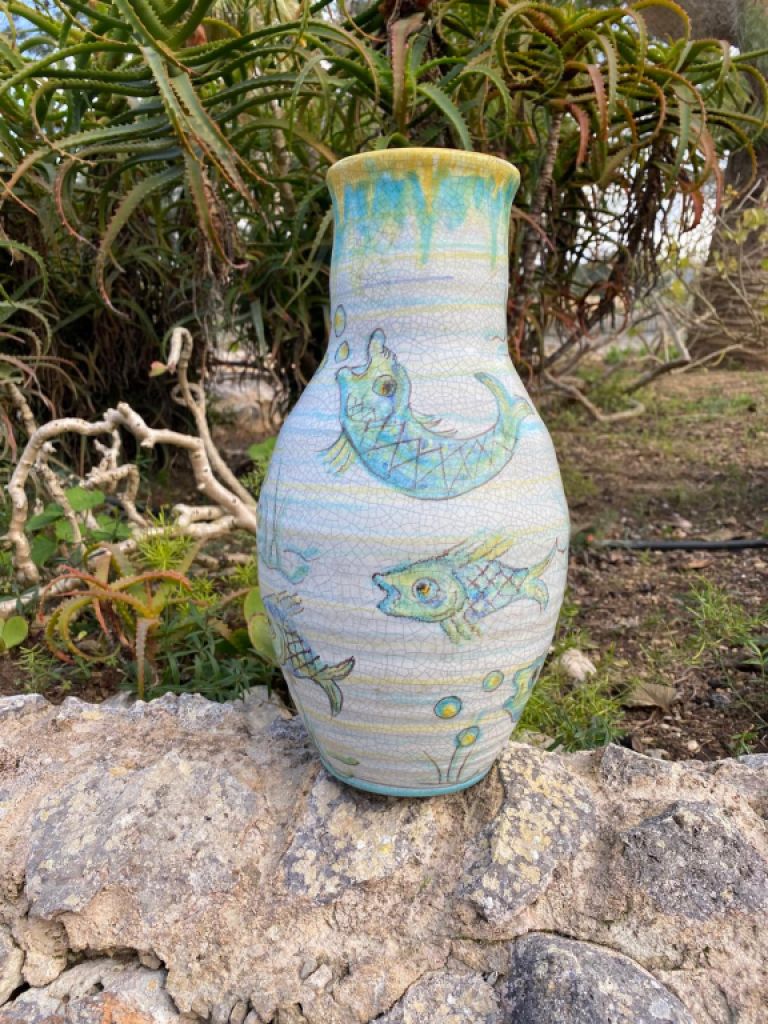 DEKO Blumenvase hoch bemalter Ton Motiv Fische