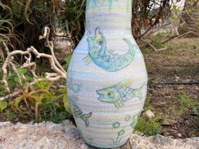 DEKO Blumenvase hoch bemalter Ton Motiv Fische