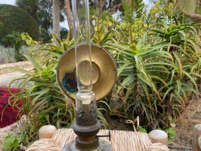 Decorative antique oil lamp, tall glass