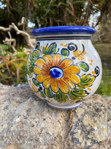 MACETA DECORATIVA de barro esmaltada y pintada — motivo girasol