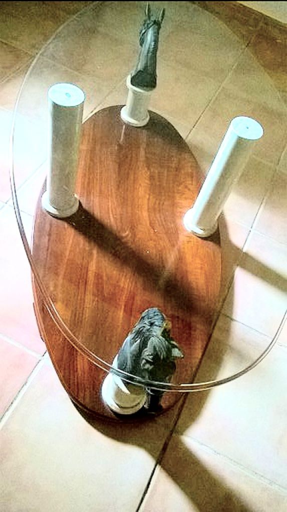 Designer Horse Couchtisch, Holz, Kristall, Bronze Motive, Mamorsäulen