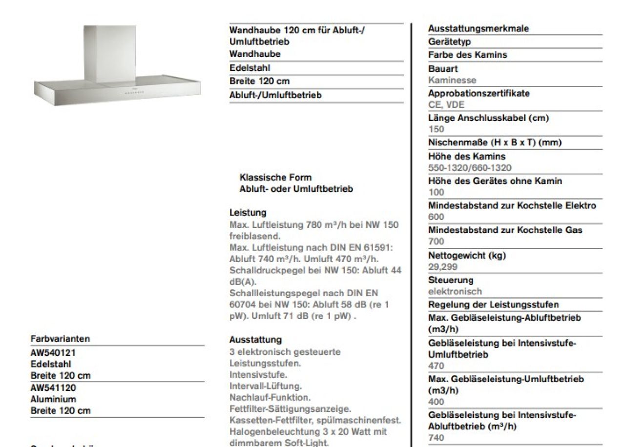 Stainless steel extractor hood from Gaggenau (AW 540121, 120 cm wide) for sale