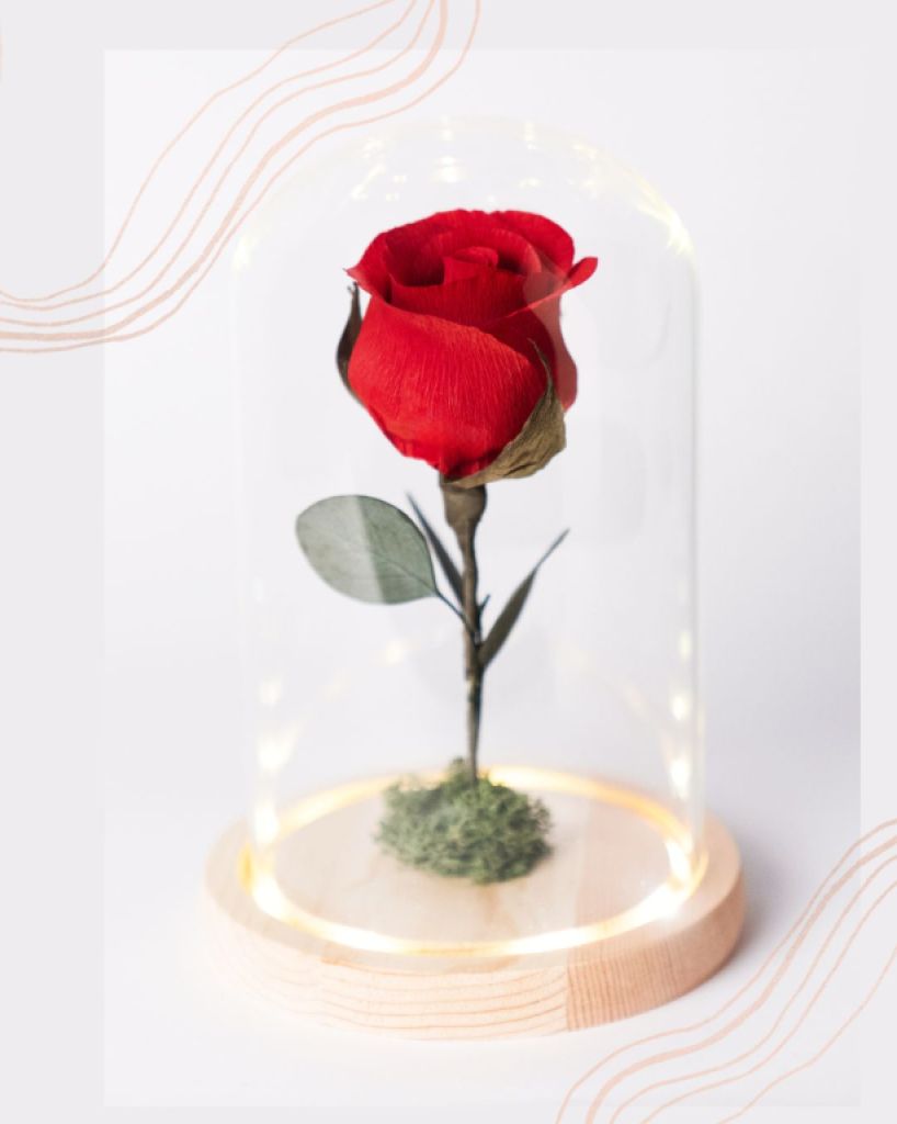 Rosa eterna de papel, bajo cúpula de cristal con luz LED