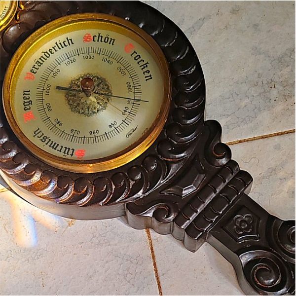 Fischer weather station consisting of thermometer, hygrometer and barometer