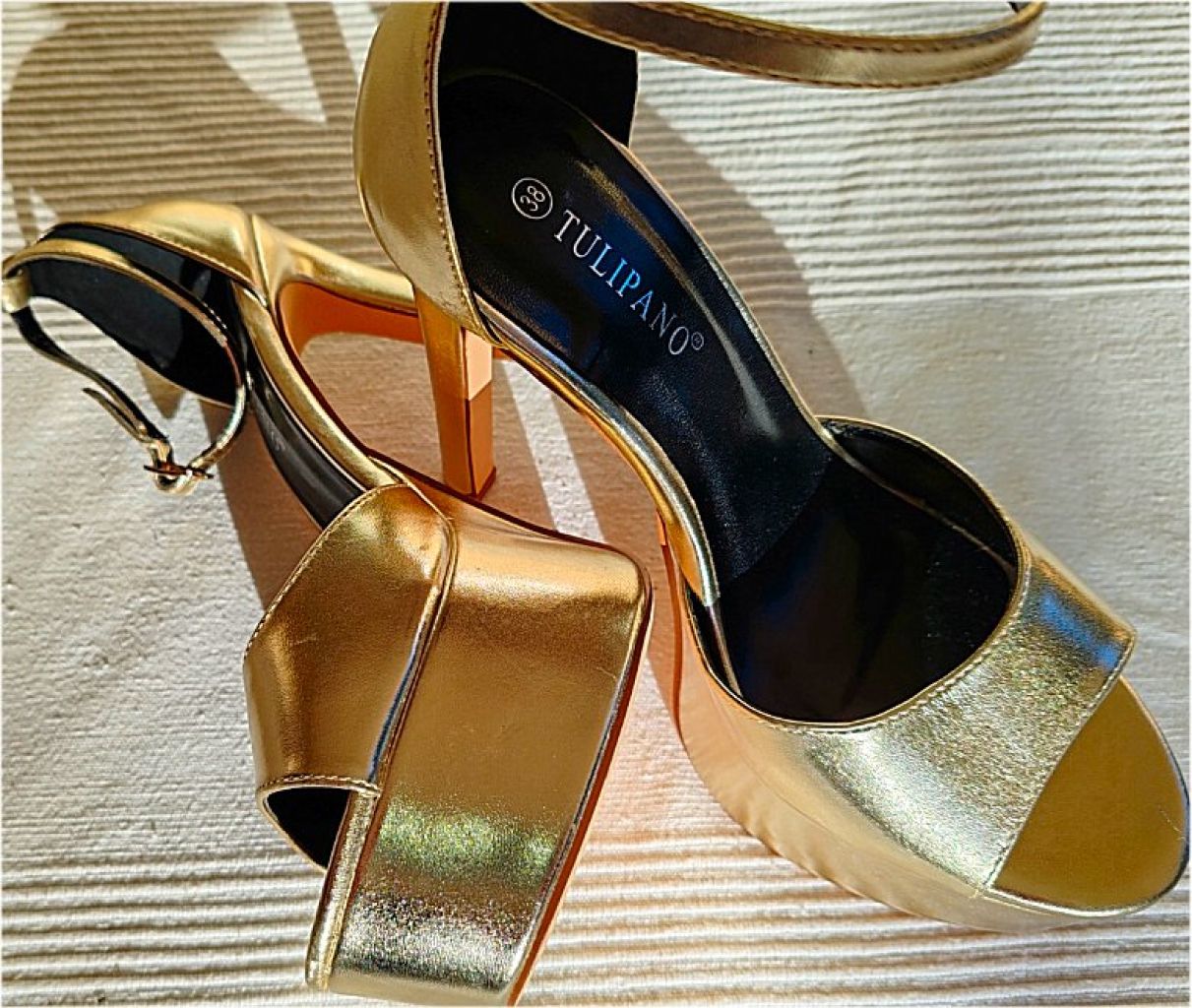 Gold high-heel platform sandals by Tulipano, size 38, like new
