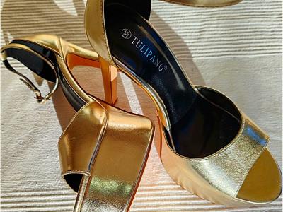 Gold high-heel platform sandals by Tulipano, size 38, like new