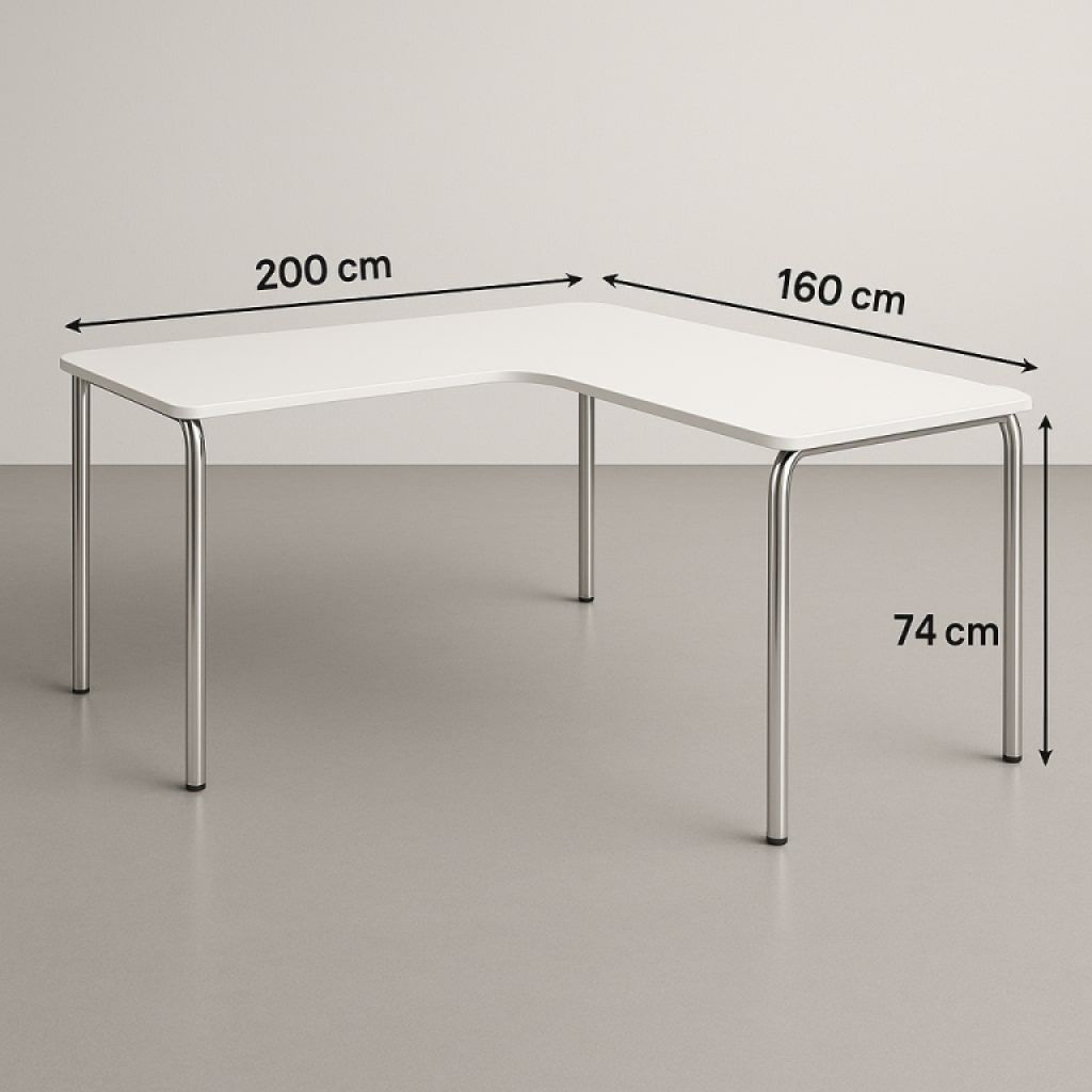 Großer Eck-Schreibtisch – Weiß mit Chrom-Beinen – Sehr stabil