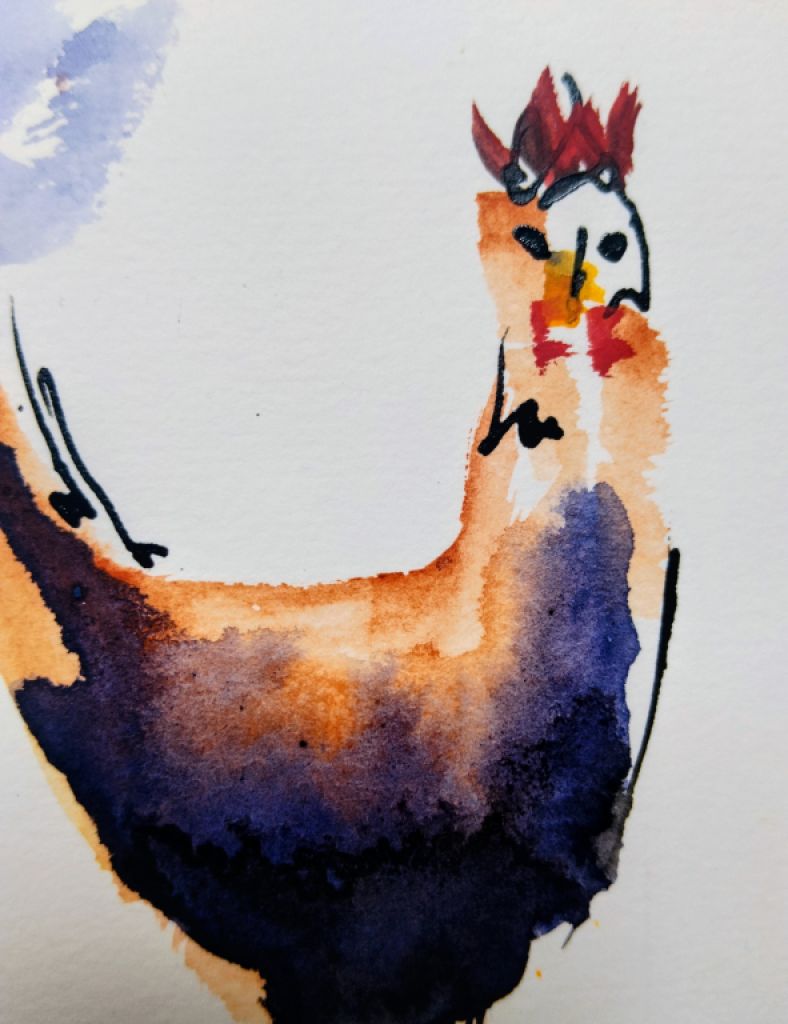 Gruppe von Hühnern in Aquarell auf Papier