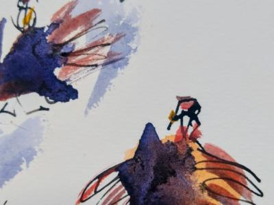 Gruppe von Hühnern in Aquarell auf Papier