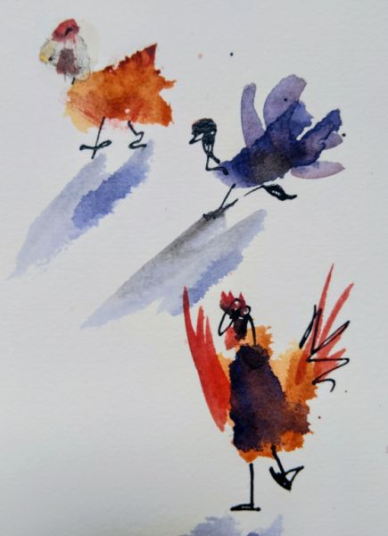 Gruppe von Hühnern in Aquarell auf Papier