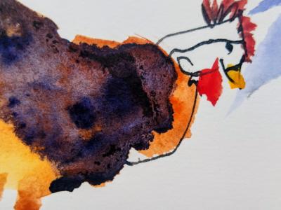 Gruppe von Hühnern in Aquarell auf Papier