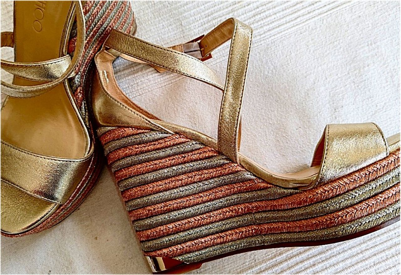 JIMMY CHOO Portia 120 wedge sandal in metallic leather, size 38