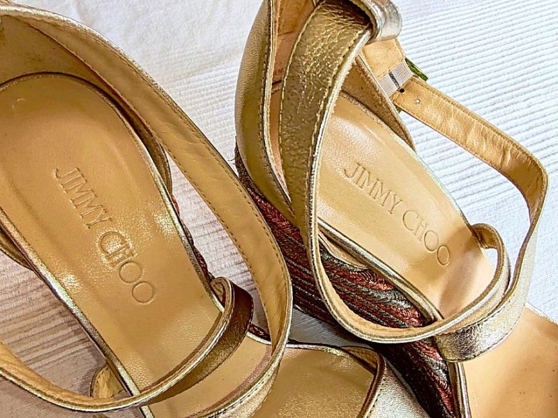 JIMMY CHOO Portia 120 wedge sandal in metallic leather, size 38