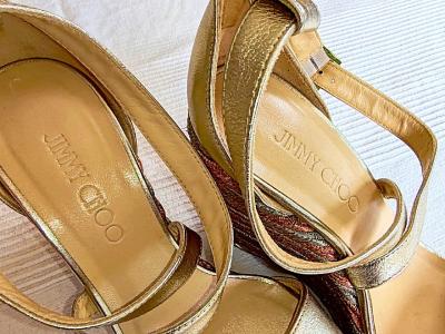 JIMMY CHOO Portia 120 wedge sandal in metallic leather, size 38