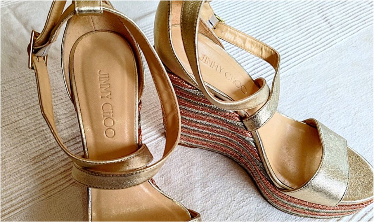 JIMMY CHOO Portia 120 wedge sandal in metallic leather, size 38