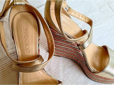 JIMMY CHOO Portia 120 wedge sandal in metallic leather, size 38
