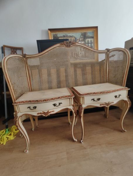 Louis XVI headboard with bedside tables / vintage bedroom