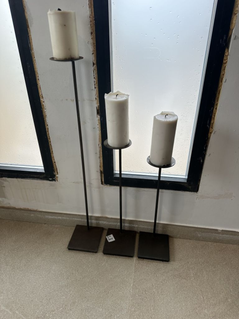 Metal, set of three candlesticks