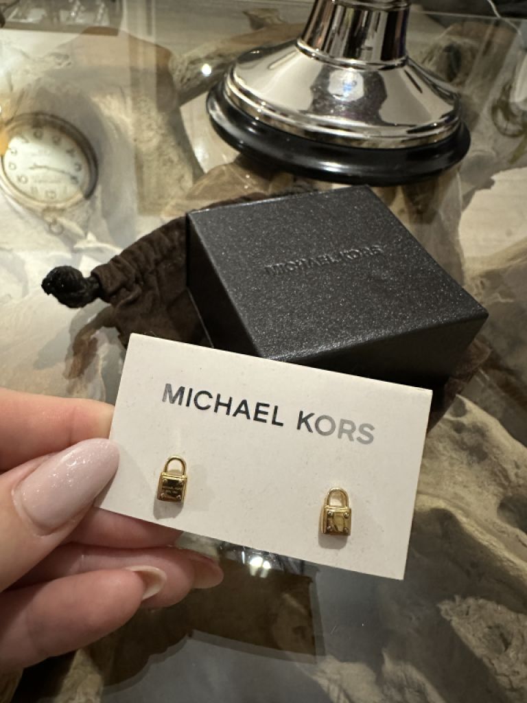 Michael Kors Stud Earrings MK Logo Padlock – Gold, New & Original!