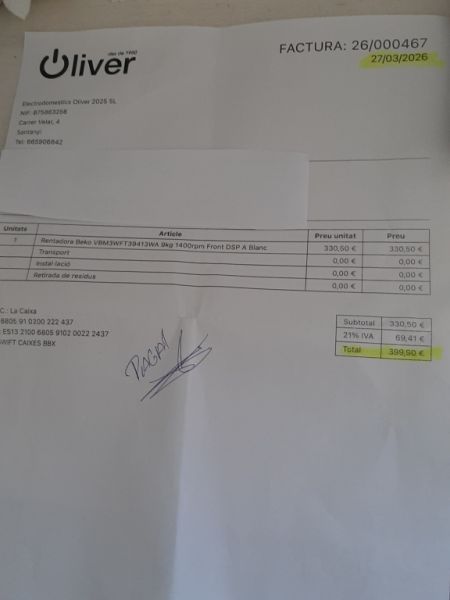 Nueva lavadora Beko 9 kg 1400 rpm frontal DSP A blanc comprada el 27.03.2026